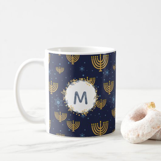 Monogramm Navy Blue / Hanukkah Muster Kaffeetasse (Mit Donut)