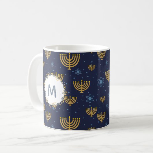 Monogramm Navy Blue / Hanukkah Muster Kaffeetasse (Vorderseite Links)