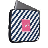 Monogramm Navy Blue Nautic Stripes Laptopschutzhülle (Vorne Rechts)