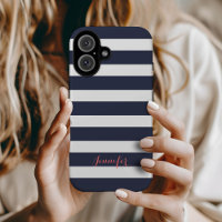 Monogramm Navy Blue und Coral Classic Stripes