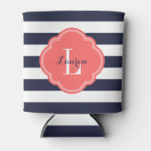 Monogramm Navy Blue und Coral Preppy Stripes Dosenkühler (Vorderseite)