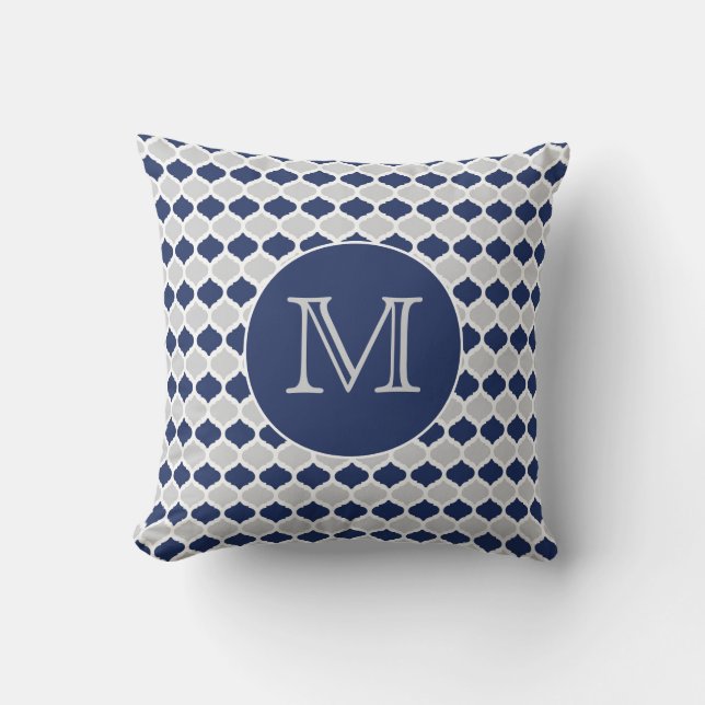 Monogramm Navy Blue und Grau Quatrefolie Kissen (Vorderseite)