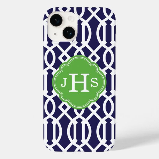 Monogramm Navy Blue und Green Modern Trellis Case-Mate iPhone Hülle (Rückseite)