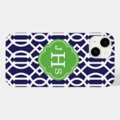 Monogramm Navy Blue und Green Modern Trellis Case-Mate iPhone Hülle (Rückseite (Horizontal))