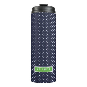 Monogramm Navy Blue und Green Tiny Dots Thermosbecher