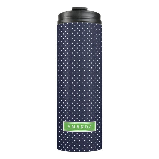 Monogramm Navy Blue und Green Tiny Dots Thermosbecher (Vorderseite)