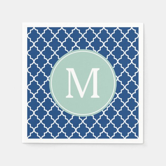Monogramm Navy Blue und Minze Green Quatrefolie Serviette (Vorderseite)