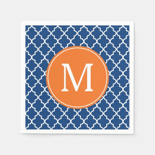 Monogramm Navy Blue und Orange Quatrefoil Serviette (Vorderseite)