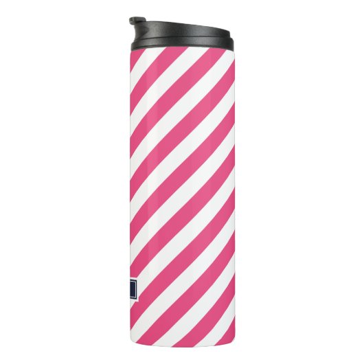 Monogramm Navy Blue und Pink Preppy Strips Thermosbecher (Nach rechts gedreht)