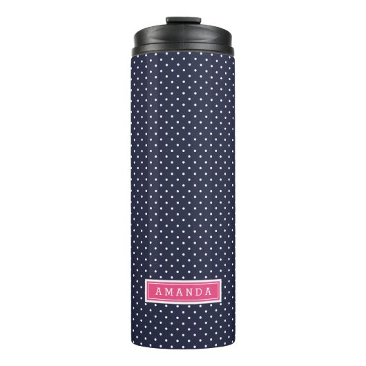 Monogramm Navy Blue und Pink Tiny Dots Thermosbecher (Vorderseite)