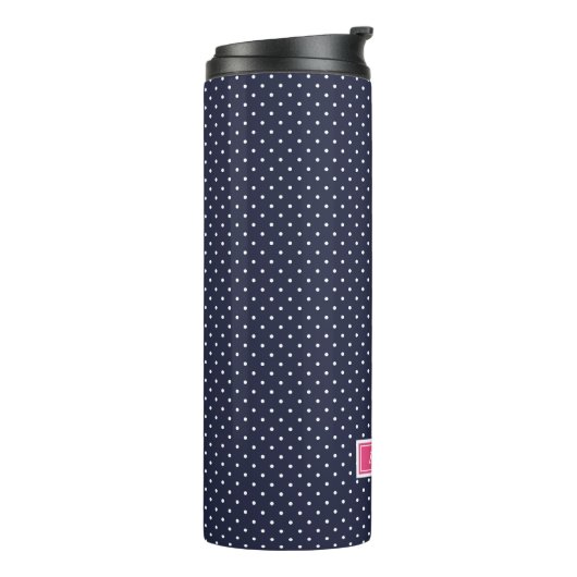 Monogramm Navy Blue und Pink Tiny Dots Thermosbecher (Nach links gedreht)
