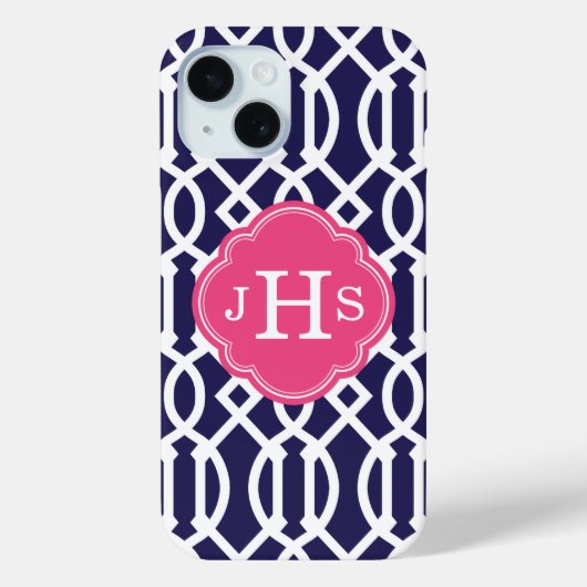 Monogramm Navy Blue und Pink Trellis Case-Mate iPhone Hülle (Rückseite)