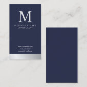 Monogramm Navy Blue und Silver Elegant Visitenkarte (Vorne/Hinten)