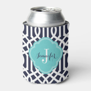 Monogramm Navy Blue und Türkis Trellis Dosenkühler
