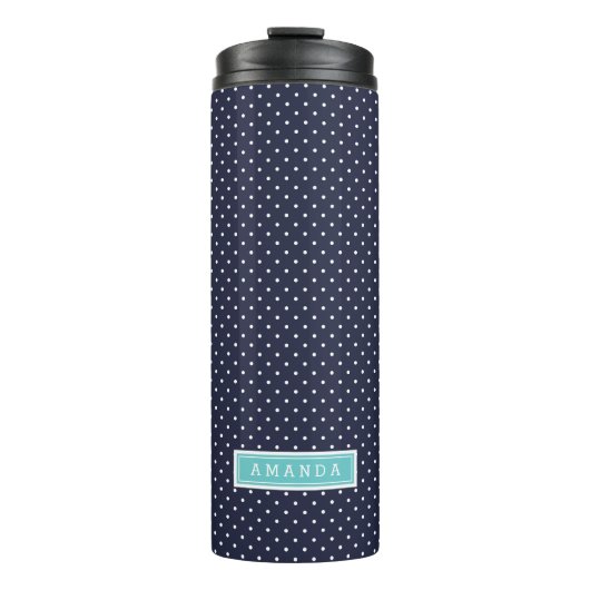 Monogramm Navy Blue und Türkise Tiny Dots Thermosbecher (Vorderseite)