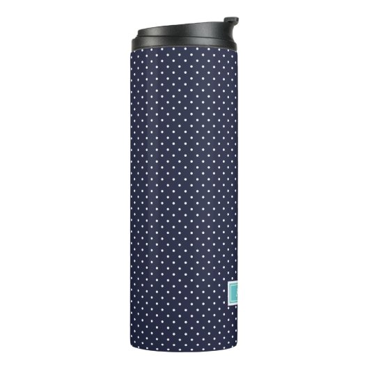 Monogramm Navy Blue und Türkise Tiny Dots Thermosbecher (Nach links gedreht)