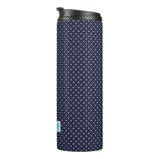 Monogramm Navy Blue und Türkise Tiny Dots Thermosbecher (Nach rechts gedreht)