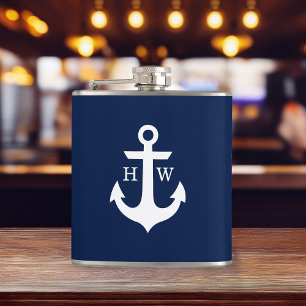 Monogramm Navy Blue und White Anchor Flachmann