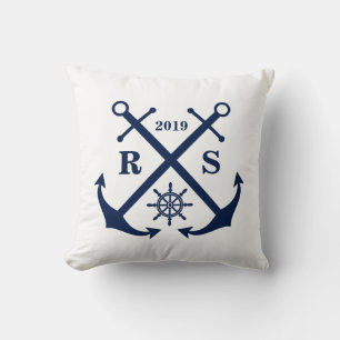 Monogramm Navy Blue und White Anchors Naugram Kissen