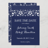 Monogramm Navy Blue und White Lace Save the Date (Vorne/Hinten)