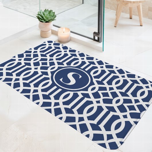 Monogramm Navy Blue und White Trellis Badematte