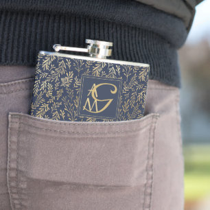 Monogramm Navy Goldblatt Hochzeitsgeschenk für die Flachmann