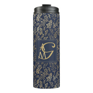 Monogramm Navy Goldblatt Hochzeitsgeschenk für die Thermosbecher