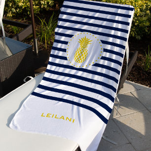 Monogramm Navy Stripe mit gelber Ananas   Strandtuch