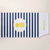 Monogramm Navy Stripe mit gelber Ananas | Strandtuch (Vorderseite)