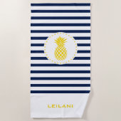 Monogramm Navy Stripe mit gelber Ananas | Strandtuch (Vorderseite)