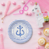 Monogramm-Navy-Stripteppich für Nautic Anker Pappteller (Party)