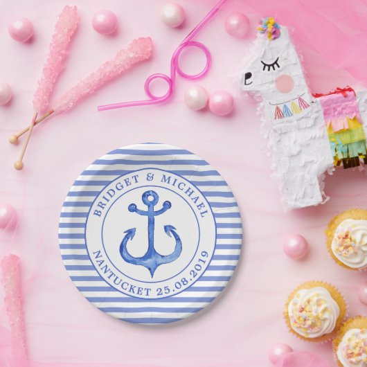 Monogramm-Navy-Stripteppich für Nautic Anker Pappteller (Party)