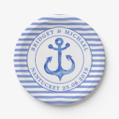 Monogramm-Navy-Stripteppich für Nautic Anker Pappteller (Vorderseite)