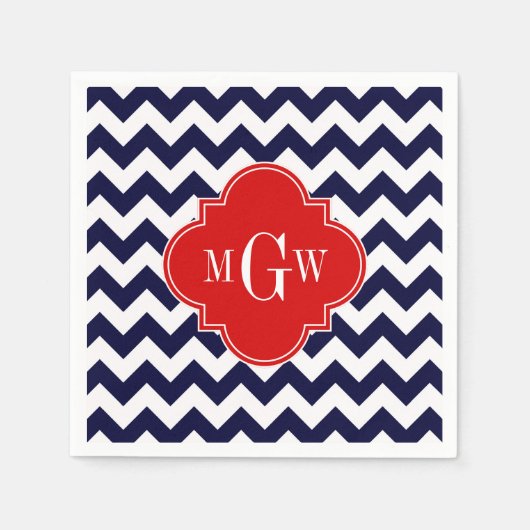 Monogramm Navy White Zickzack Red Quatrefoil 3 Serviette (Vorderseite)