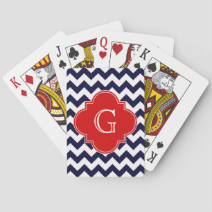 Monogramm Navy White Zickzack Red Quatrefoil 3 Spielkarten