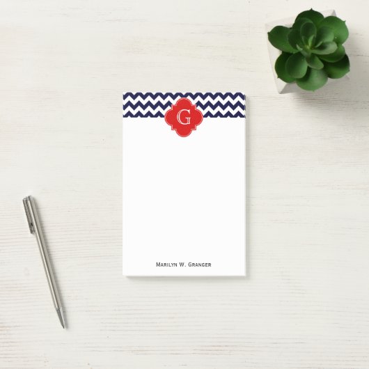 Monogramm Navy White Zickzack Red Quatrefoil Post-it Klebezettel (Büro)