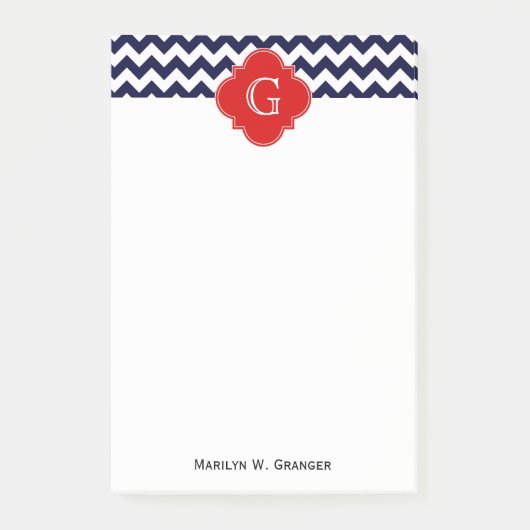 Monogramm Navy White Zickzack Red Quatrefoil Post-it Klebezettel (Vorderseite)