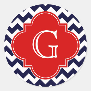 Monogramm Navy White Zickzack Red Quatrefoil Runder Aufkleber