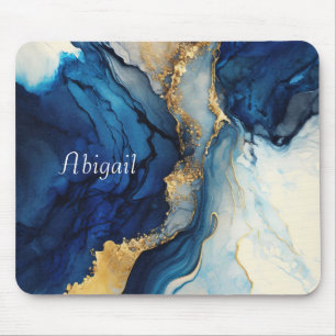 Monogramm Navyblau Gold Achat Marmor Wasserfarbe  Mousepad