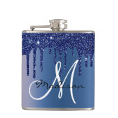 Monogramm Navyblauer Glittertropfen Flachmann (Vorderseite)