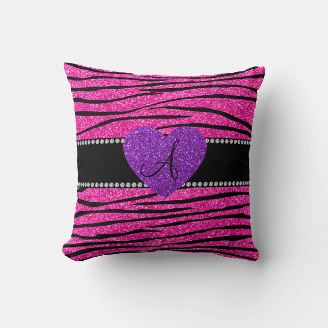 Monogramm Nebel heißen rosa Glitzer Zebra Streifen Kissen (Vorderseite)