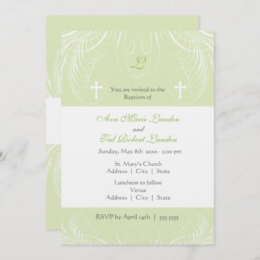 Monogramm neutrale Twins Taufe Einladung (Vorne/Hinten)