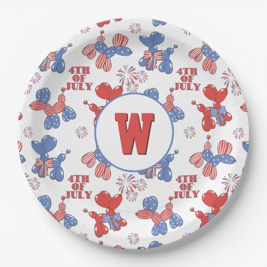 Monogramm Niedlich 4. Juli Ballonhunde Pappteller (Vorderseite)