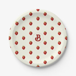 Monogramm niedlich Girly Red White Strawberry Name Pappteller