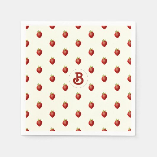 Monogramm niedlich Girly Red White Strawberry Name Serviette (Vorderseite)