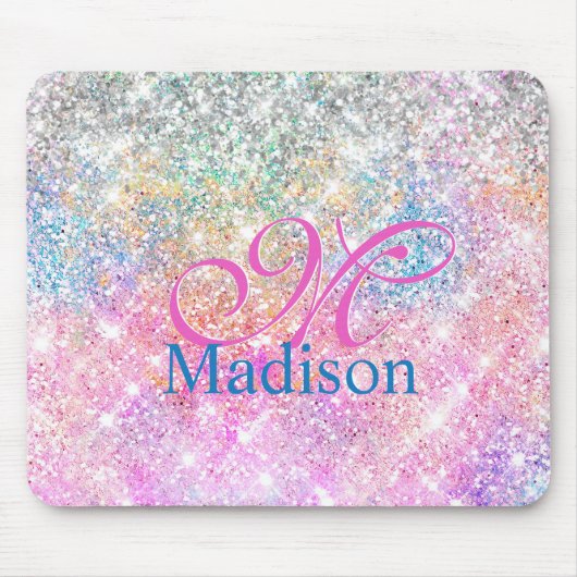Monogramm niedlich iridescent unicorn rosa Glitzer Mousepad (Vorne)