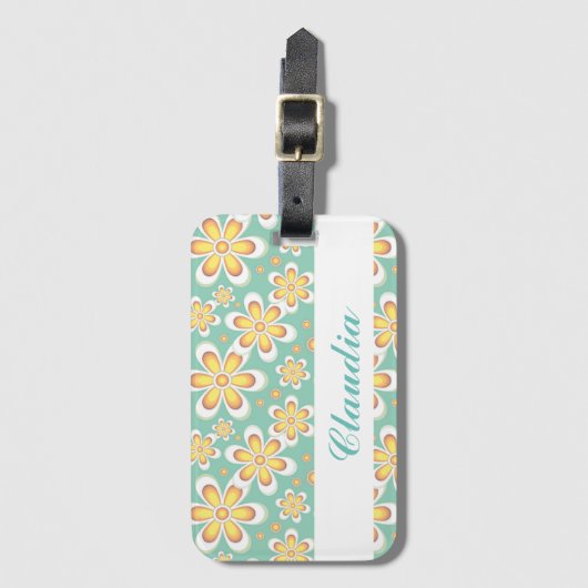 Monogramm niedlich orangefarbene Blume auf grün Gepäckanhänger (Vorderseite Vertikal)
