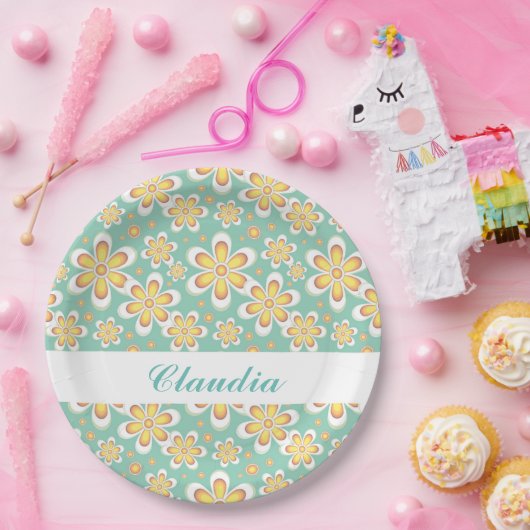 Monogramm niedlich orangefarbene Blume auf grün Pappteller (Party)