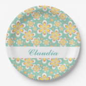 Monogramm niedlich orangefarbene Blume auf grün Pappteller (Vorderseite)