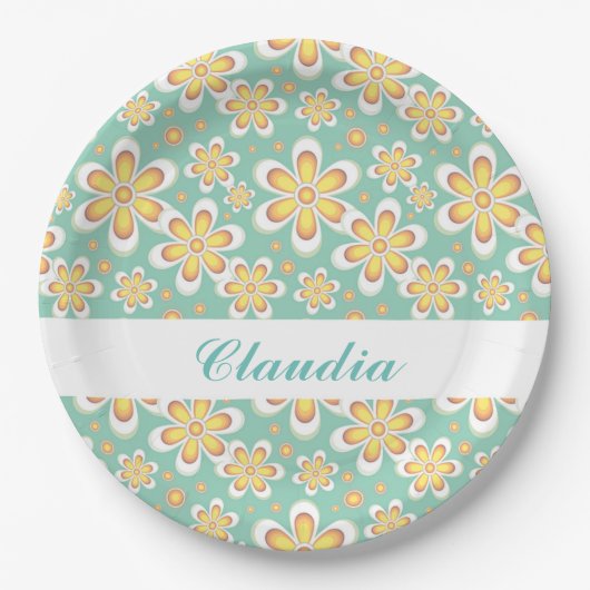 Monogramm niedlich orangefarbene Blume auf grün Pappteller (Vorderseite)